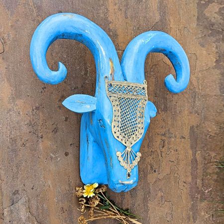 Blue Ram Head Handcrafted Wooden Wall Art